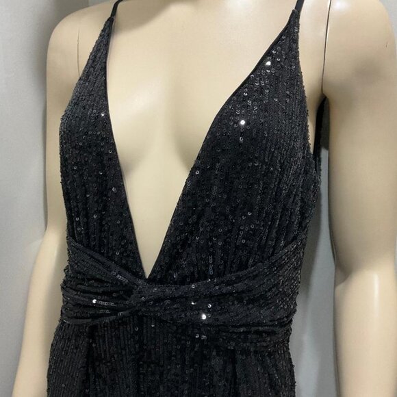 LUXXEL Black Sequin gown, high-slit & sexy deep v-neck front & back NWOT  sz S - Picture 3 of 11